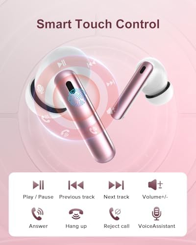 Sleek Rose Gold Wireless Earbuds with Bluetooth 5.3 | 42-Hour Long Battery Life & IPX7 Waterproof Design | Premium Noise Cancelling Earphones for Exceptional Audio | Intelligent LED Display for Seamless Connectivity on i OS & Android