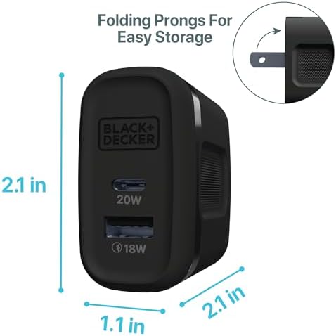 BLACK+DECKER 38 W Dual-Port Fast Charging Wall Adapter – Compact USB-C & Type C Quick Charge Power Supply with Qualcomm QC 3.0 – Perfect for Home, Office & Travel – Versatile PD Charger for Smartphones, Tablets & More