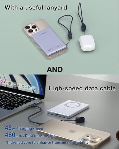 Magnetic Wireless Power Bank 5000 m Ah for i Phone 12-16 Series – Qi2 Certified 15 W Fast Charging with Ultra-Slim Design and Dual Device Capability – Perfect for Travel, Camping, and Daily Use – Includes Innovative Lanyard Data Cable and Comprehensive 12-Month Warranty