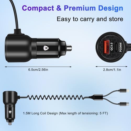 BUNUD 66 W USB C Car Charger with Retractable Cable: Dual Port PD & QC3.0 Adapter for Rapid Charging – Ideal for i Phone 16/15, Galaxy S24/S23, and All USB-C Devices – Perfect for Road Trips and Daily Commuting – Compact Design for Easy Storage and Enhanced Compatibility