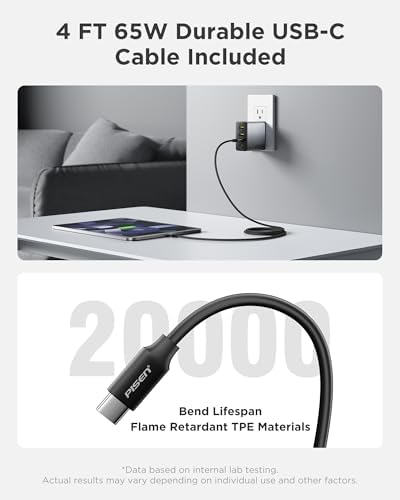 PISEN 65 W Ga N Fast Charging Block – 4-Port USB-C Wall Charger with 4 FT Cable for Mac Book, i Phone 16/15/14, Galaxy S24, Pixel 8, and Steam Deck – Ultimate Multi-Device Power Solution with Enhanced Efficiency and Compatibility