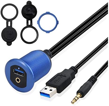 Elevate Your Vehicle’s Connectivity: 3.3 ft USB 3.0 & 3.5 mm TRS Jack Flush Mount Cable with LED – Durable Blue Metal Shell Extender for Seamless Dashboard Integration in Cars, Trucks, Boats, and Motorcycles – Perfect USB & Audio Accessory for On-the-Go Convenience