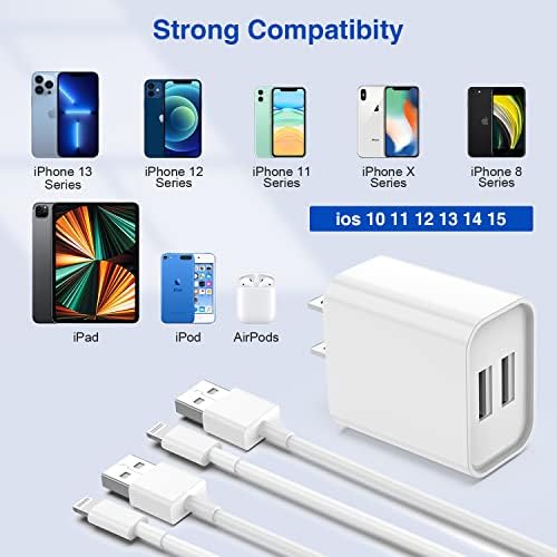 Ultra-Fast Dual Port USB Wall Charger with 10-Foot Lightning Cable – Apple MFi Certified i Phone Charging Solution, Perfect for i Phone 12/11/XR/Xs/8/7/6/SE/i Pad – Compact & Efficient Power Delivery for Home and Travel
