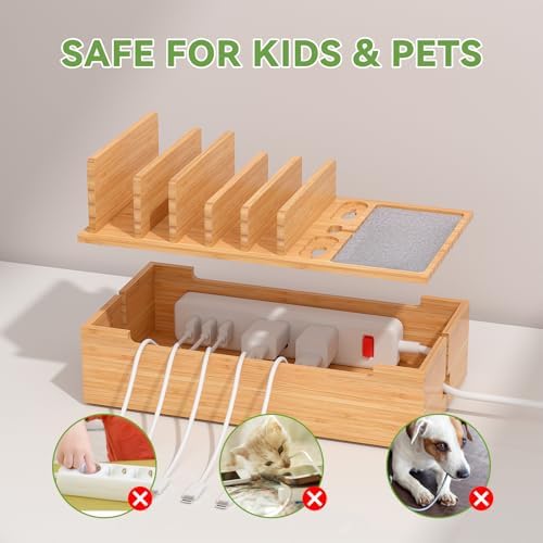 Pezin & Hulin Eco-Friendly Bamboo Cable Management Box – Sleek Desktop Organizer with 6 Cables for Tidy Charging Station, Stylish Wire Organizer for Electronic Devices, Enhances Workspace Efficiency and Aesthetics