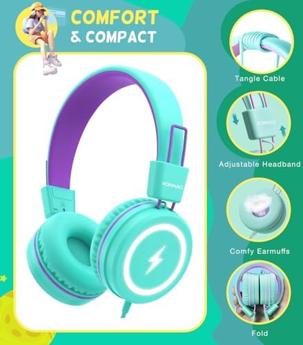 Kid-Friendly USB Type C Headphones with LED Lights – Safe Volume Limiter (85 d B/94 d B) for School Use, Foldable On-Ear Design for Comfort and Portability, Integrated Microphone for Learning and Gaming Fun – Perfect for i Pad and More