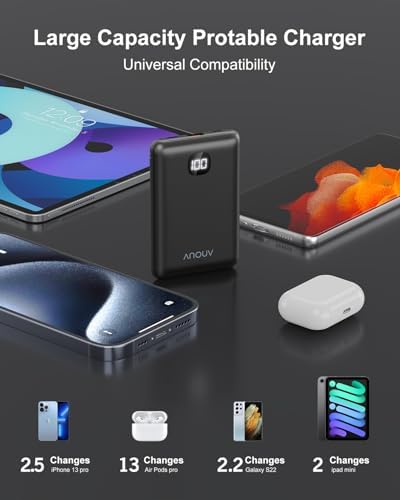 Compact ANOUV 10000 m Ah Portable Charger with Built-In Cable – Lightweight Mini Power Bank for Seamless On-the-Go Charging with LED Display, Compatible with i Phone 16/15/14/13, Samsung S22/S21, i Pad, and Android Devices – Essential Travel Power Bank for Fast, Efficient Charging
