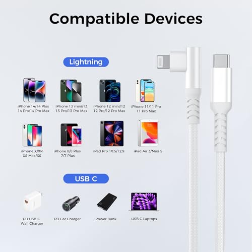 Basesailor 10 FT Right Angle i Phone Charger Cable – 90-Degree USB-C to Lightning Cord with USB A Adapter for Fast Charging – Perfect Compatibility with i Phone 14, 13 Pro Max, 12, 11, XS, XR, X, 8, 7, 6 Plus, 5 SE & i Pad 8, 9 – Enhanced Durability for Seamless Multitasking & Convenient Use