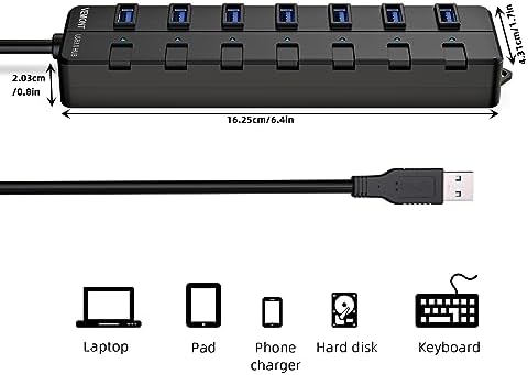 Unlock Ultimate Device Connectivity with VEMONT 7-Port USB 3.0 Hub – Control Each Connection with Individual On/Off Switches and LED Indicators, Enjoy Flexible Setup with 4 ft Cable, Plus Lightning-Fast Data Transfer Speeds of Up to 5 Gbps – The Essential USB Splitter for Modern Laptops and PCs