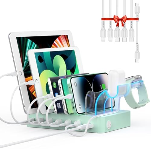 Soo Pii 60 W 6-Port USB-C Charging Station with 20 W Fast Charge – Multi-Device Power Hub for i Phone 14/13/12, Includes 6 Short Cables & 2-in-1 Holder for Organized Charging – Perfect for Home, Office & Travel