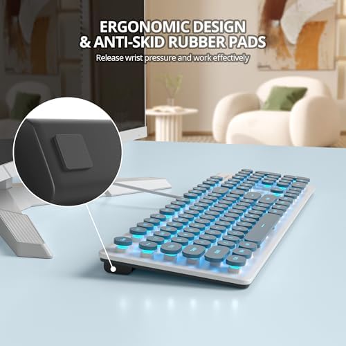 Elevate Your Workspace with the Fogruaden Retro Typewriter Keyboard – Stylish Full-Size USB Design, 104 Round Keys, and White LED Backlighting for Effortless Night Use, Ergonomic & Silent Membrane Keys Perfect for Windows PC and Laptops, Ideal for Writers and Gamers Seeking a Unique Vintage Touch