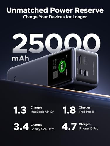 UGREEN Nexode 25000 m Ah 200 W Portable Power Bank – Fast Charging PD 3.1 Multi-Device Battery Pack with TFT Smart Display for Mac Book Pro/Air, i Phone 16, Samsung S24, Dell & HP – Unmatched Compatibility and Speed for On-the-Go Charging