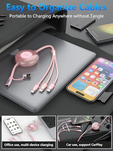 Versatile 3-in-1 Retractable Multi Charging Cable – 100 W USB-C Fast Charger for i Phone 15, 14, 13 & Samsung Devices – Stylish 4 FT Tangle-Free Cord in Elegant Pink – Essential Travel Companion for Quick Charging and Enhanced Compatibility
