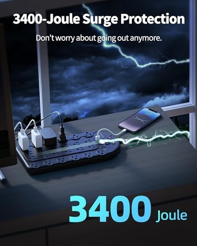 Ultimate Power Strip with 24 AC Outlets and 6 USB Ports, Including 2 High-Speed USB-C Ports, 3400 Joules Surge Protection, 10 Ft Heavy-Duty Flat Plug Extension Cord, Wall Mountable Design for Home and Office Use, ETL Listed for Safety Compliance