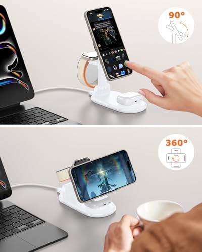 Magnetic 3-in-1 Wireless Charging Station for i Phone 12/13/14/15/16, Fast 15 W Foldable Charger for Apple Watch & Air Pods – Portable Multi-Device Power Hub in Sleek White Finish for Travel Convenience & Enhanced Compatibility