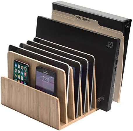 Eco-Conscious Bamboo Multi-Device Organizer: Five-Slot Desk Solution for Laptops, Tablets, and Smartphones – Streamlined Charging & Tidy Cable Management for a Sophisticated Workspace, Lightweight & Travel-Friendly