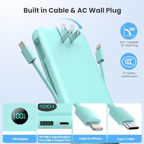 Ultimate USB C Power Bank with Dual Built-in Cables & AC Wall Plug – 13,800 m Ah Fast Charging Powerhouse for i Phone 16/15, Galaxy S23, Tablets – Compact LED Display, Universal Compatibility for On-the-Go Power Solutions