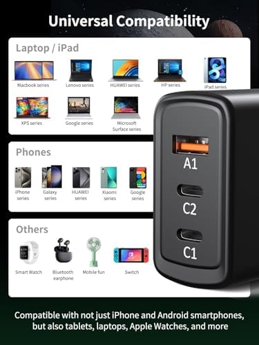 67 W Ga N 3-Port USB C Wall Charger – Ultra-Fast, Compact Power Adapter for Galaxy S25/S24/S23/S22, i Phone 16 Series, Mac Book Air/Pro – Advanced PD QC 3.0 Technology, Foldable Design for Travel Convenience – Universal Device Compatibility and Optimal Charging Performance