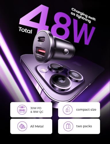 LISEN 2-Pack Ultra Compact 48 W USB C Car Charger Adapter – All Metal Fast Charge Cigarette Lighter USB Charger for i Phone 15, 14 Pro Max, Galaxy S23/22, i Pad Pro – Smallest Flush Design for Seamless Integration and Enhanced Speed