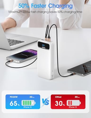Ultra-Compact 12000 m Ah Power Bank with Built-in Charging Cables & AC Plug – 20 W PD Fast Charging for i Phone, Samsung, Android, USB-C Devices – Travel-Friendly External Battery Pack in Purple – Unmatched Portability and Efficiency for On-the-Go Charging Solutions