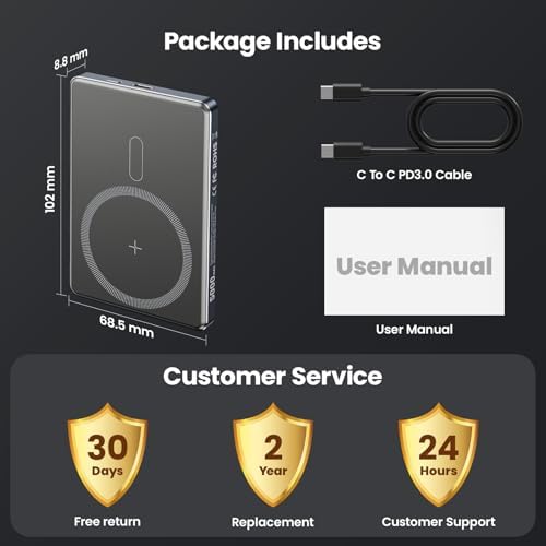 Ultra-Slim 5000 m Ah Magnetic Power Bank with Built-In USB-C Cable – 22.5 W Fast Charging Solution for i Phone 16/15/14/13, Samsung Galaxy, and Android Devices – Lightweight Design, Smart Thermal Regulation, and Universal Compatibility for Effortless On-the-Go Charging