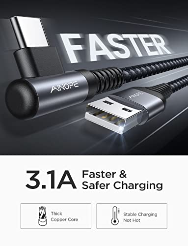 AINOPE Right Angle USB C Cable – 2-Pack (10 ft + 10 ft) Fast Charging 3.1 A Nylon Braided Charger for Enhanced Device Compatibility, Ideal for Gaming and Multitasking, Durable Black Design