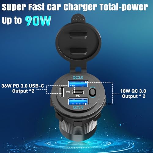 90 W Dual PD & Quick Charge 3.0 Qidoe USB C 12 V Car Charger Socket – 2 Pack for RVs, Boats, Trucks & Motorcycles – Waterproof 4-Port Design with Power Switch for Fast, Efficient Charging on the Go