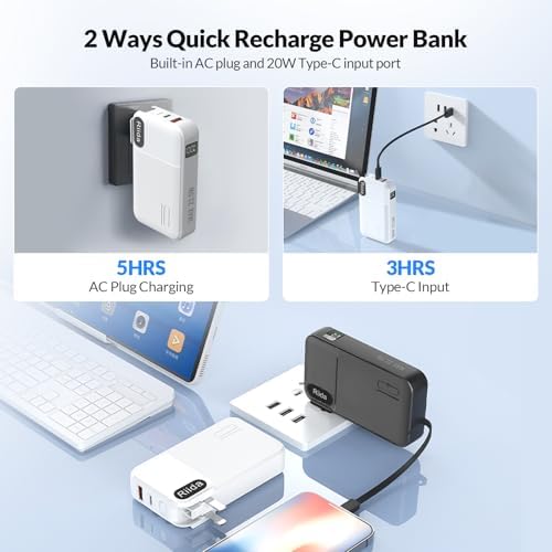 Ultimate 10,000 m Ah Portable Charger with Built-in Cables – 22.5 W Fast Charging Power Bank for i Phone 16/15/14/13, Samsung Galaxy S24/S23/S22, Google Pixel, and LG Devices – Travel-Friendly Battery Pack with AC Wall Plug for Effortless Recharging, Sleek Black Design for On-the-Go Convenience
