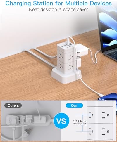 Elevate Your Charging Efficiency with the One Beat Tower Surge Protector Power Strip – 10 ft Long Flat Extension Cord with 8 AC Outlets & 4 USB Ports for Seamless Device Management in Home, Office, or College Dorm – Built-in Surge Protection for Unmatched Safety & Convenience