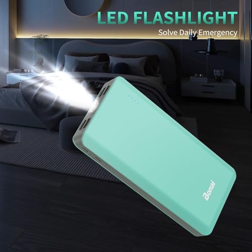 BONAI 30000 m Ah Portable Power Bank – High-Capacity External Charger with Dual USB Outputs, Built-in Flashlight & 8-Pin Cables for Fast Charging on the Go – Ideal for i Phone, Android, and i Pad Users – Reliable Power Solution for Travel and Daily Use in Green