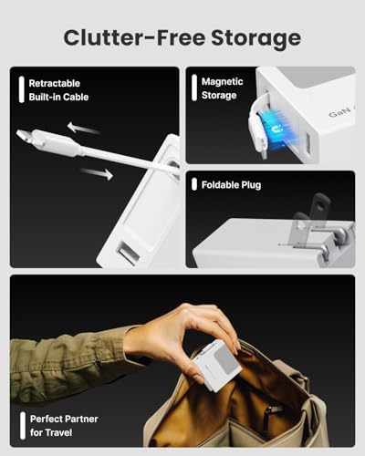 Revolutionary 40 W Fast Charging Portable USB Phone Charger Block with Retractable 31.5-inch Lightning Cable – Compact Wall Adapter with USB-C Port and Foldable Plug for i Phone 14/13/12, Perfect for Travel and Everyday Use