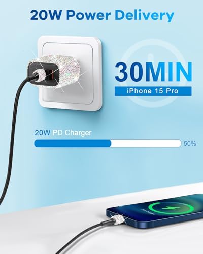 Effortless Power Boost: Bling USB C Wall Charger with 20 W Dual Port Fast Charging Adapter & 3.2 FT Type-C Cable – Universal Compatibility for i Phone 16/15 Pro Max, i Pad, and Samsung Galaxy S23/S22/S21/Note Series – Ultimate On-the-Go Charging Solution for Home & Travel