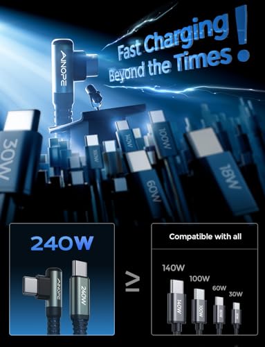 Optimize your charging setup with the AINOPE 240 W USB C to USB C Cable, a 6-foot powerhouse engineered for ultimate speed and flexibility. Featuring a right-angle connector, this fast charging cable is perfect for gaming or multitasking without the clutter of tangled cords. Compatible with the latest devices, including i Phone 16 Pro Max, i Phone 15, Mac Book Air/Pro, i Pad Pro, Samsung Galaxy, and Pixel, it delivers an impressive 240 W power output for rapid charging. The dual-pack offers exceptional value, ensuring you have a reliable charging solution wherever you go. Built with premium materials for durability, the sleek grey and blue design enhances your tech aesthetic while providing long-lasting performance. Elevate your device charging experience with this versatile cable, designed for both home and office use, while ensuring seamless connectivity across all your electronics.