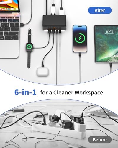 67 W Ga N USB-C Fast Charging Hub – 6-in-1 Power Station with Dual AC, USB-A & USB-C Ports, 5 ft Extension Cord, Ideal for Desktop, Office & Nightstand Use – Enhanced Speed, Versatility, and Device Compatibility