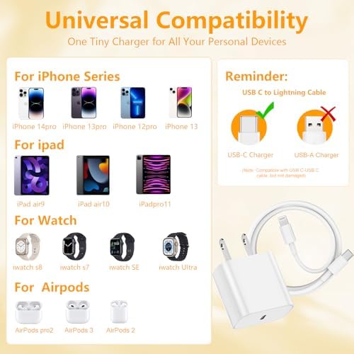 Ultra-Fast 20 W i Phone Charger with 10 ft USB C to Lightning Cable – Stylish Pink Fast Charging Block for i Phone 14 Pro Max, 13, 12, 11, XS, SE, i Pads & Air Pods – Unmatched Compatibility & Durability for On-the-Go Power