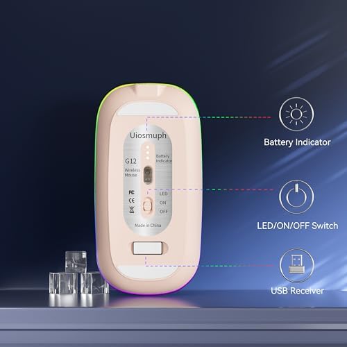 Uiosmuph G12 Slim Rechargeable LED Wireless Silent Mouse – Ultra-Portable USB Optical Computer Accessory with Type C Adapter for Seamless Compatibility and Noise-Free Operation in Blackish Green