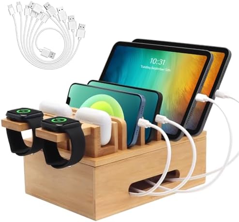 Eco-Friendly Bamboo Charging Station: Multi-Device Docking Organizer with 6 Charging Cables for Phones, Tablets, Earbuds, and Smartwatches – Sleek, Durable Design for Home & Office Efficiency