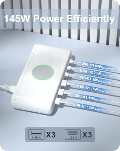 Powerful 145 W USB-C Multi-Port Charging Hub – Rapid 6-Port USB Charging Station for Laptops, Tablets, and Smartphones – Ideal for Mac Book, HP, i Pad, i Phone, and Samsung – Sleek Compact Design with Advanced Overcharge Protection for Home and Office Use