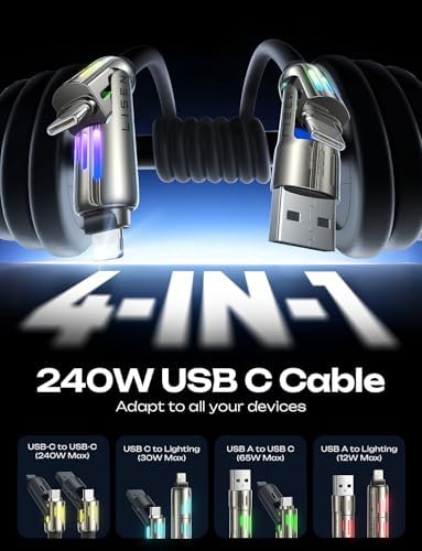LISEN 240 W 4-in-1 USB C to Lightning Charging Cable – 10 FT Heavy-Duty Multi-Device Charger with LED Indicator for i Phone 16/15/14 Pro, Mac Book, i Pad, Samsung S25 & Nintendo Switch – Ultimate Flexibility and Fast Power Delivery