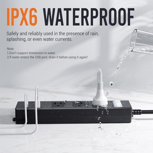 VNJ Outdoor Power Strip: 8 AC Outlets & 4 Fast USB Ports, IPX6 Waterproof Surge Protector with Safety Lock for Secure Connections, ETL-Certified 15 FT Extension Cord – Ideal for Home, Garden, and Commercial Applications