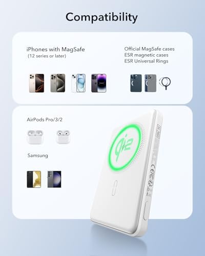 Ultra-Compact ESR Mag Safe Power Bank – 5,000 m Ah Fast Charging Battery Pack with Qi2 Certification – Slim 0.55 in Design for i Phone 16/15/14/13/12 – 15 W Wireless & 20 W USB-C Charger with Cable – Essential Travel Accessory for On-the-Go Power