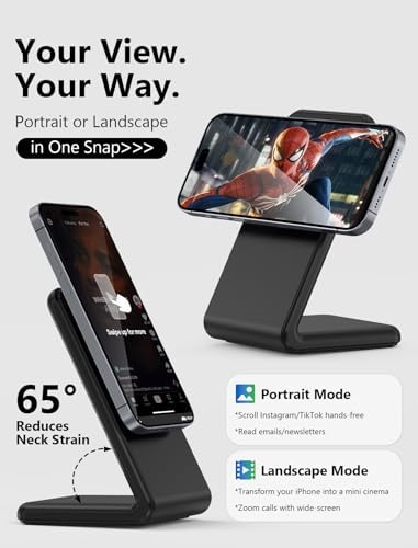 Mag Safe Charger Stand for i Phone 12-16 Series – Fast Magnetic Wireless Charging with Flip & Charge Flexibility – Black – Effortless Compatibility, Enhanced Safety Features, and Durable 1.5 m Braided Cable for Optimal Performance