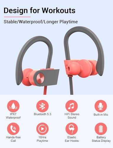 Stiive Bluetooth Sports Earbuds – IPX7 Waterproof Wireless Headphones with Noise Cancelling Mic, 16-Hour Playtime for Gym & Running – Stylish Red & Purple Design, Optimal Comfort for Active Lifestyles