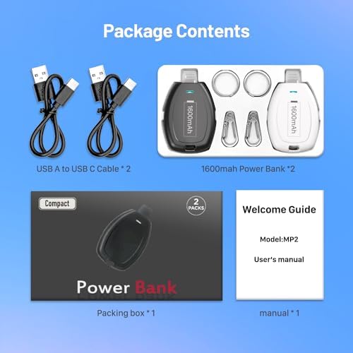 Compact Keychain Power Bank Duo: 1600 m Ah Emergency Charger for i Phone 8, 11, 12, 14 & Air Pods – Ultra-Portable Mini External Battery Pack in Stylish Blue & Pink – Fast Charging & Enhanced Compatibility for On-the-Go Power Solutions