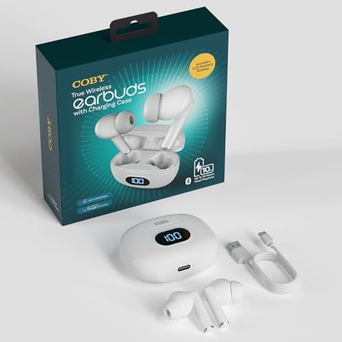 Coby True Wireless Earbuds with Smart Battery Indicator Case | Ultra-Light Bluetooth Earbuds Featuring Built-in Mic and Sweat-Proof Gel Tips | Perfect for Active Lifestyles with Up to 10-Hour Playtime (White) – Seamless Device Compatibility and Effortless Connectivity