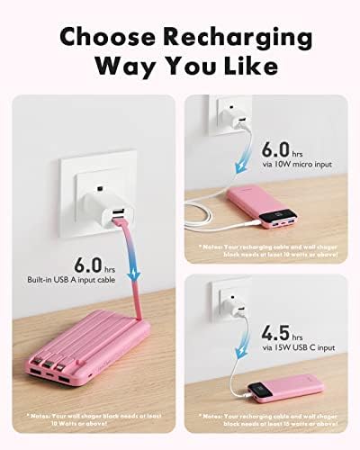 Sleek 10,000 m Ah Multi-Device Portable Charger with Built-In Cables – High-Speed 3 A Power Bank for i Phone, Samsung, Pixel, LG, Moto, i Pad – Ultimate Travel Essential with 6 Outputs for Effortless Charging on the Go