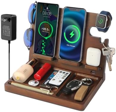 Eco-Friendly Wood Phone Docking Station with Dual 27 W Fast Charging for i Phone, Samsung, Apple Watch & Air Pods – Stylish Nightstand Organizer and Ideal Gift for Men and Women on Birthdays or Anniversaries