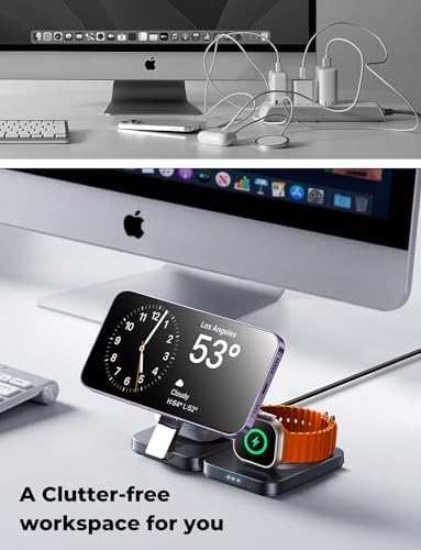 LISEN 3-in-1 Foldable Magnetic Wireless Charger Dock for Apple Devices – Compact Travel Charging Station for i Phone 16, 15, 14, 13, 12 Pro Max Plus, Apple Watch & Air Pods – Enhanced Mag Safe Compatibility and Fast Charging Efficiency