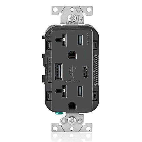 Leviton Dual USB In-Wall Charger with 20 A Tamper-Resistant Outlet – Type A & Type-C Compatibility for Smartphones and Tablets, Light Almond Finish – Streamlined Charging Solution for Home and Office Spaces