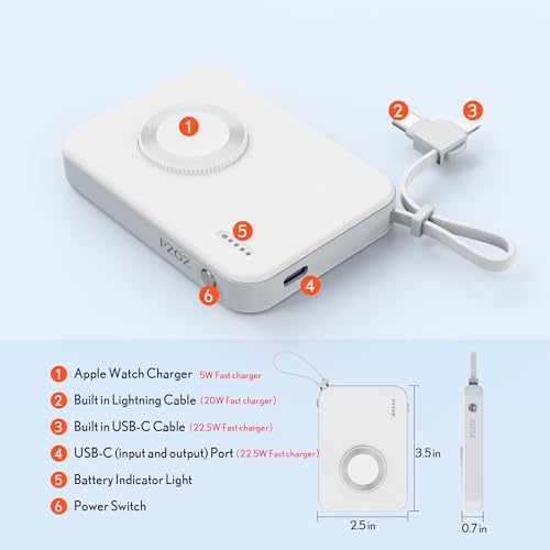 PZOZ 5000 m Ah Wireless Power Bank with Built-in Lightning & Type C Cables – Fast Charging Apple Watch & i Phone 15/14/13 Travel Charger – Magnetic Design for Effortless Portability – Ultimate Compatibility & Speed for On-the-Go Charging