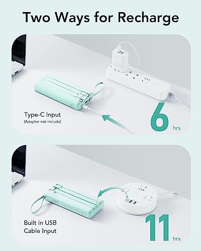 Ultimate 20000 m Ah VRURC Portable Charger with Built-in Cables – Fast Charging Power Bank for Travel, PD & QC 3.0 Compatible, 4 Output Ports & Dual Input, Ideal for i Phone, Samsung, Android Devices – Compact & Durable Battery Pack for On-the-Go Power